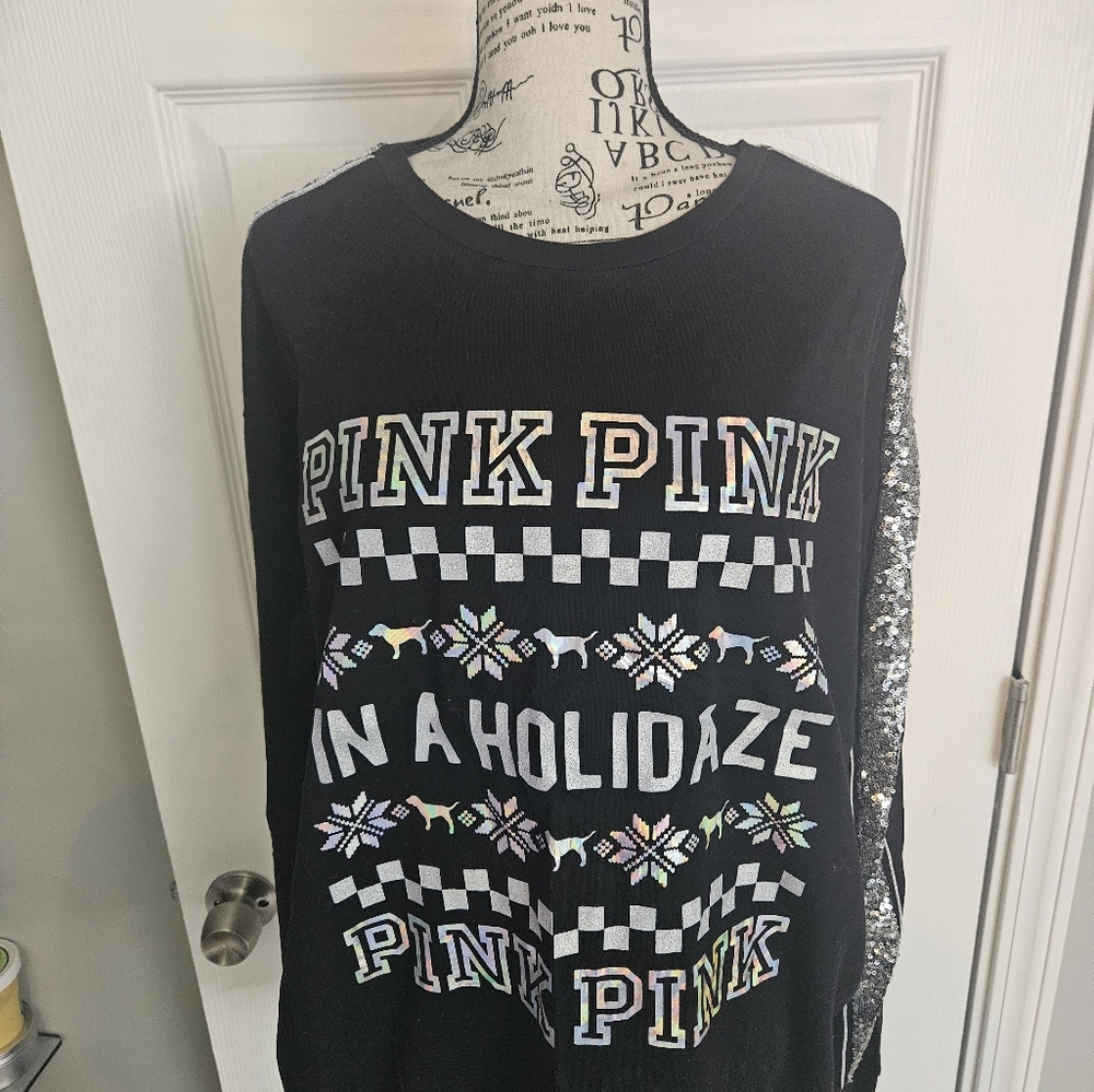Victorias Secret PINK Black and Silver Holographic Top With Sequins Down Sleeves